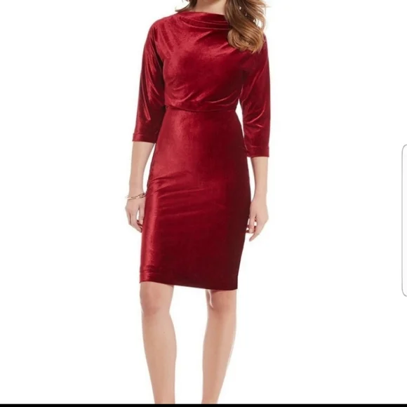 open lace back dress Badgley Mischka Strapless Bow Scuba Dress- Red – By Request main image 1